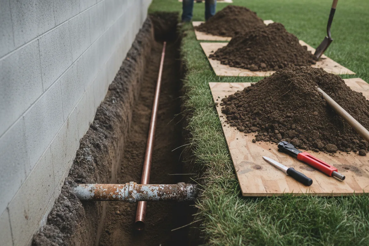 Excavated water line trench during Water Softener Installation in Santa Fe Springs